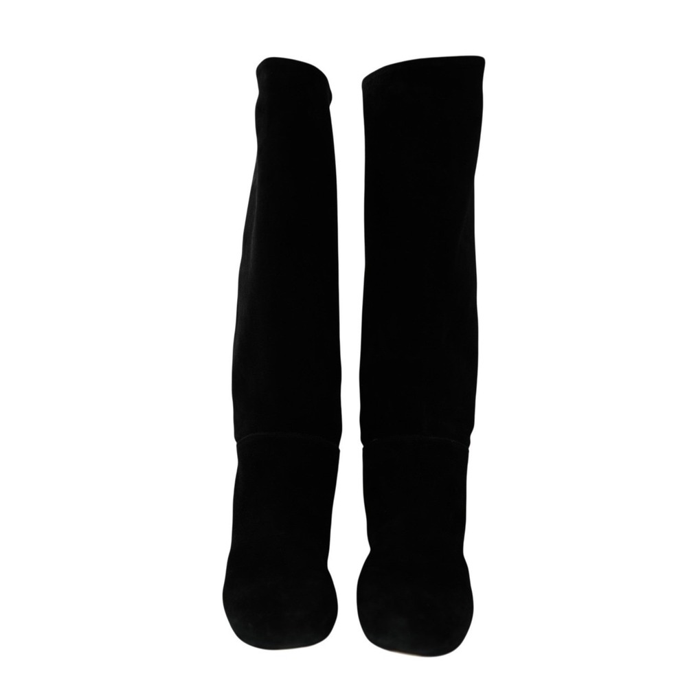 Louis Vuitton Black Suede Tall Flat Boots Gold Logo‎ Heel Plate Size 38